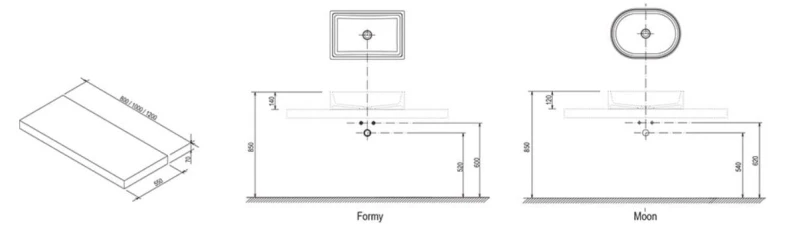 Blat pod umywalkowy 800 I Orzech - rysunek techniczny