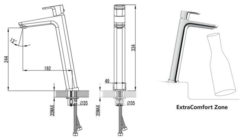 Bateria umywalkowa stojąca TD 015.00 10° 334 mm, bez korka - rysunek techniczny
