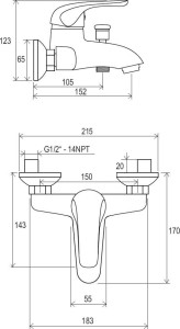 Bateria wannowa Rosa naścienna RS 022.00/150mm - rysunek techniczny
