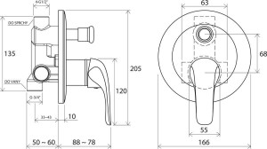 Bateria podtynkowa Rosa z przełącznikiem RS 061.00 - rysunek techniczny