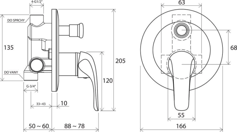 Bateria podtynkowa Rosa z przełącznikiem RS 061.00 - rysunek techniczny
