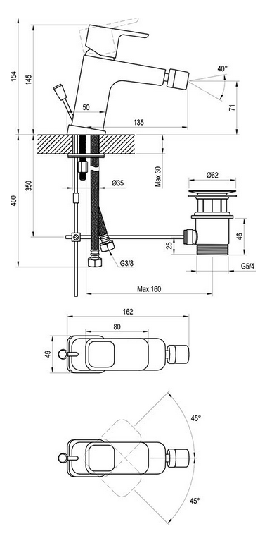 Bateria bidetowa 10° TD 055.00 stojąca z korkiem, chrom.PNG