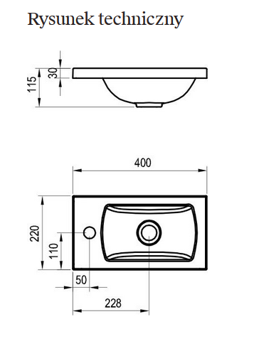 Umywalka konglomeratowa CLASSIC II 400 N biała z otworami  wymiary.PNG