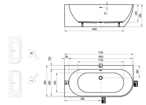 Wanna wolnostojąca FREEDOM CORNER P  170x80 biała z czarnym odpływem i przelewem 1.png