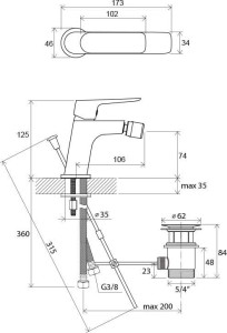 Bateria bidetowa CL z korkiem 055.00 - rysunek techniczny