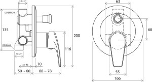 Bateria podtynkowa Neo z przełącznikiem NO 061.00 - rysunek techniczny
