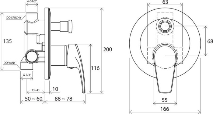 Bateria podtynkowa Neo z przełącznikiem NO 061.00 - rysunek techniczny