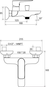 Bateria wannowa naścienna CL 022.00/150 - rysunek techniczny