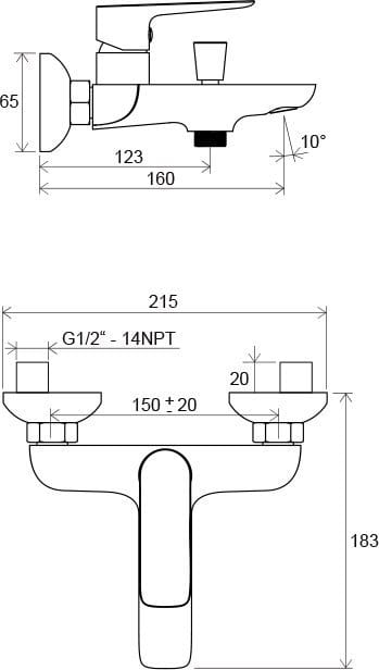 Bateria wannowa naścienna CL 022.00/150 - rysunek techniczny