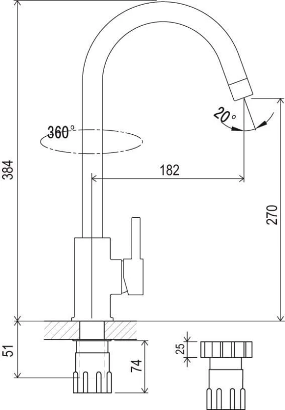 Jednootworowa bateria kuchenna KM 016.00 - rysunek techniczny
