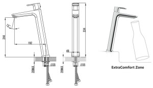 Bateria umywalkowa stojąca TD 015.00 10° 334 mm, bez korka - rysunek techniczny