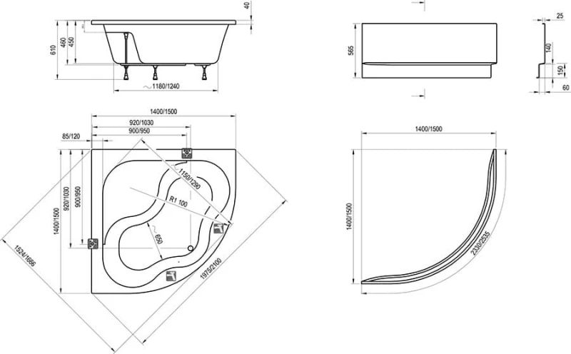 Wanna Gentiana 140X140 Biała - rysunek techniczny